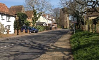 a residential street with houses on both sides , trees and grass , and a few cars parked on the side at B&B Harlington Manor