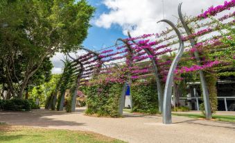 a beautiful outdoor area with a metal archway decorated with flowers and greenery , creating a picturesque scene at Airport Clayfield Motel