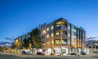 a modern apartment building with a gray exterior , lit up at night , and cars parked on the street in front at Quest Mawson Lakes