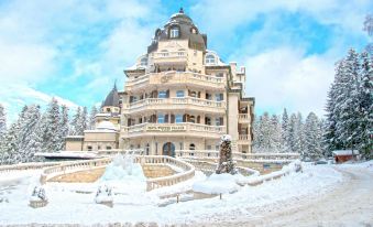 a large , snow - covered building with a beautiful blue sky in the background , surrounded by trees at Festa Winter Palace Hotel