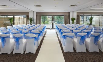 a large room with rows of white chairs and blue draping , set up for an event at Hilton Cobham