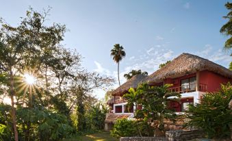 a red building with a thatched roof , surrounded by trees and plants , under a clear blue sky at Camino Real Tikal‎