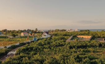 a large , open field with a few houses and a few buildings in the background at Ocean Breeze Hotel