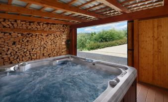 a hot tub is surrounded by a wooden structure with a view of the outdoors at Hotel Albatros
