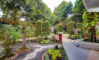 a lush green garden with tall trees and a stone path leading to a red container at Losmen Kebun Indah