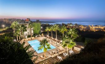 a large outdoor swimming pool surrounded by palm trees , with a view of the ocean in the background at Sea View Hotel & Apartments