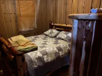 Cabin with hot tub, fire pit, and fishing pond.