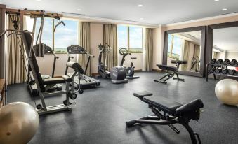 a well - equipped gym with various exercise equipment , such as treadmills , weight machines , and elliptical machines at Hilton Garden Inn Al Jubail