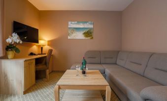 a modern living room with a gray couch , wooden coffee table , and a painting on the wall at Millennium Spa