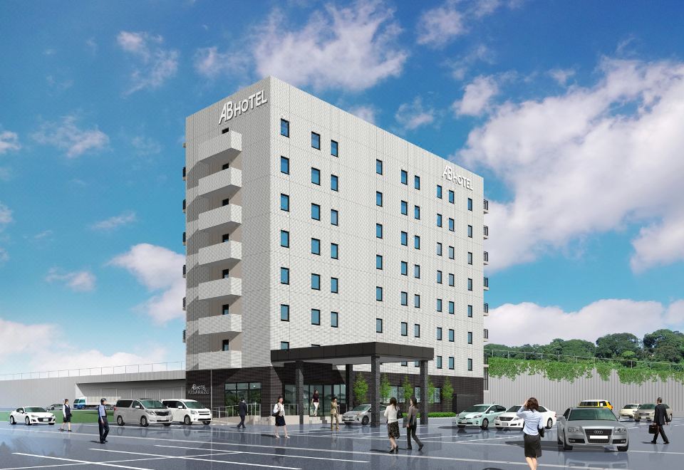 A rendering depicts the construction of a new hotel adjacent to an office building on 1st Street at AB Hotel Kisarazu