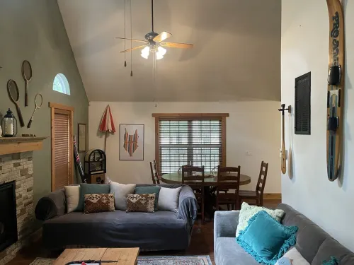 Cozy, cabin in the woods perfect for hanging out.