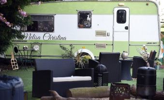 a green and white recreational vehicle parked on a grassy field , surrounded by trees and benches at Glamping with Llamas