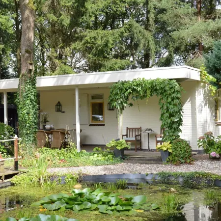 A Detached Bungalow with Outdoor Fireplace Covered Terrace and Pond in a Forest Plot