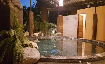 a small , natural swimming pool surrounded by rocks and plants , with a wooden door in the background at Aurora Resort Chiangdao