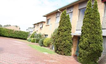 a brick road leads to a building with trees on the side and another building in the background at Carnegie Motor Inn