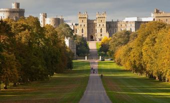 a group of people walking down a grassy path towards a castle in the distance at Crowne Plaza Reading