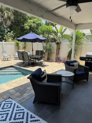 Close to beach! Family-sized home with pool and hot tub.