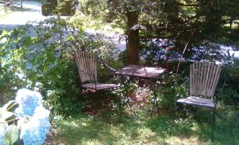 a wooden table and chairs set up in a garden , surrounded by greenery and flowers at Sylvan Falls Mill B&B