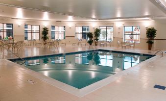 an empty indoor swimming pool with white tiles and tables , surrounded by windows and greenery at Courtyard Canton