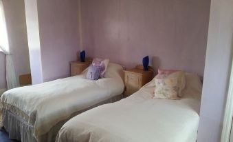 a bedroom with two twin beds , each covered in white sheets and topped with a blue pillow at Stone House