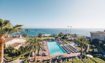 a resort with a pool surrounded by palm trees and the ocean in the background at Montage Laguna Beach