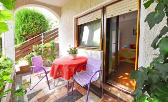 a patio area with a table and chairs set up for a meal , surrounded by plants and a door leading to an outdoor living space at Marija