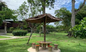 a thatched - roof umbrella and a wooden table are set up in a grassy area with trees at Happy Paradise
