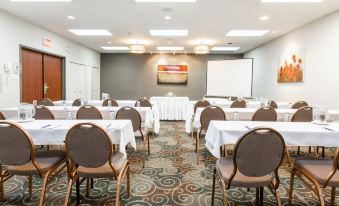 a conference room set up for a meeting , with chairs arranged in rows and a projector on the wall at Hotel WelcomInns