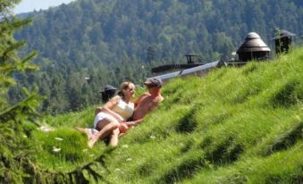 a couple is sitting on a grassy hill with a mountainous background , enjoying the view at Troll