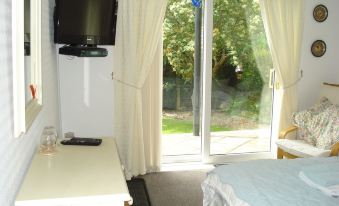 a bedroom with a tv , desk , and sliding glass door leading to an outdoor area at Wildwinds