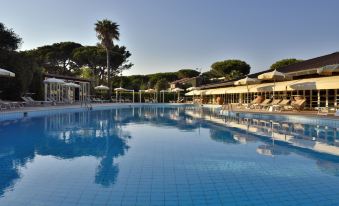 a large outdoor swimming pool surrounded by trees , with lounge chairs and umbrellas placed around the pool area at Park Hotel Marinetta - Beach & Spa