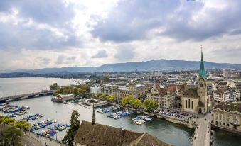 a view of a city with boats docked in the harbor and mountains in the background at Ibis Baden Neuenhof