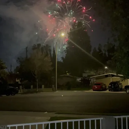 Walk across the street to Disneyland parking. Fireworks show from front porch!
