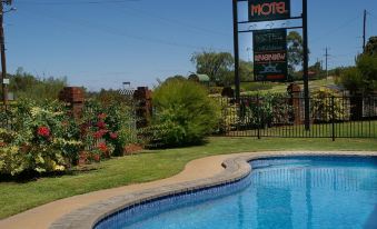 a swimming pool surrounded by lush greenery and a sign for a motel , with clear skies overhead at Mildura Riverview Motel