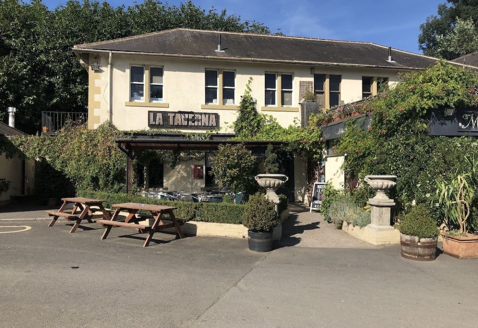 a restaurant with a covered outdoor area and tables , surrounded by trees and a clear blue sky at Michelangelos