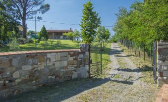 a stone wall with a gate , surrounded by trees and a gravel path leading to a house in the distance at Celeste