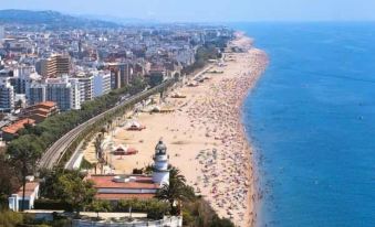 a large beach with a city in the background and a few people walking on the sand at Hotel Miami