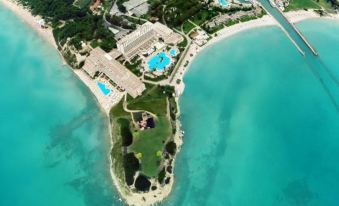 aerial view of a tropical island with a resort , swimming pool , and beach on the shoreline at Sani Beach