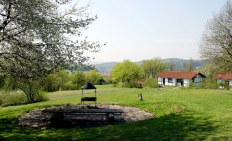 a grassy field with a picnic table and a fire pit , surrounded by trees and hills in the background at Scout