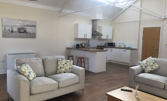 a modern living room with two couches , a coffee table , and a kitchen in the background at Ice House Apartments