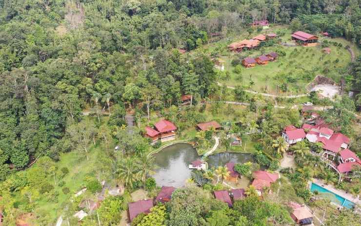 An aerial view showcases the houses and gardens of a small village situated on the top floor, providing a scenic overlook at Fifty4Ferns