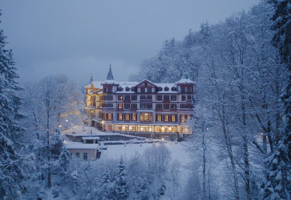 a large hotel surrounded by snow - covered trees , with a group of people standing in front of it at Grandhotel Giessbach