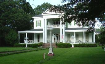 a large white house surrounded by green grass and trees , with several lamps on the porch at Blythewood Plantation