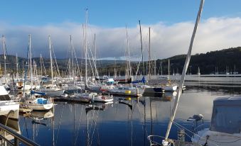 a large marina with numerous sailboats docked in the water , creating a picturesque scene under a blue sky at Oyster Cove Chalet