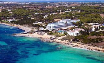 aerial view of a resort on the beach , surrounded by lush greenery and clear blue water at Insotel Hotel Formentera Playa