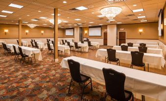 a large conference room with multiple tables and chairs , a chandelier , and framed pictures on the walls at Best Western Plus White Bear Country Inn