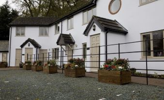 a row of small , white houses with wooden planters in front of them , surrounded by trees at Burlton Inn
