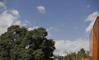a clear blue sky with white clouds above a city , with trees and buildings visible in the foreground at Art Hotel