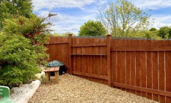 a backyard with a wooden fence and gravel path , surrounded by trees and bushes , under a blue sky with clouds at Number 19 Guest House - 4 Miles from Barrow in Furness - 1 Mile from Safari Zoo