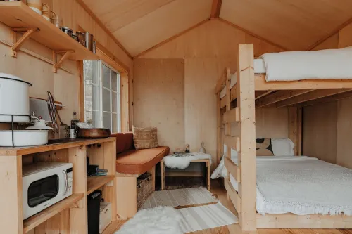 Tiny cabin amongst trees on a farm with alpacas